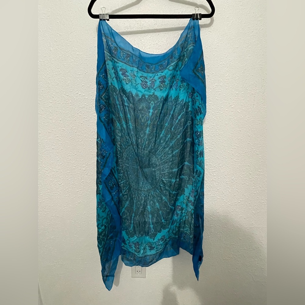 The Bombay Store Womens Scarf 100% Silk Floral Swirls Blue Made in India
